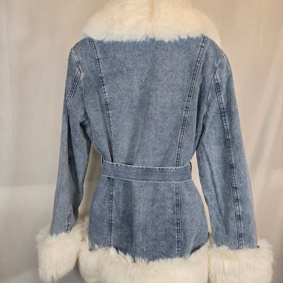 Denim Faux Fur Coat with Belt (Vegan Materials) - Picture 2 of 2